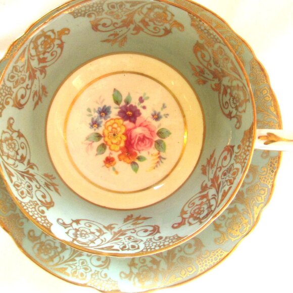 Paragon Tea Cup and Saucer, Hand Painted Summer Floral, Soft Sage Green,   I250 - Picture 2 of 9